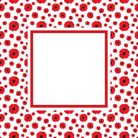 Vector frame with red poppies on borders and white blank space in the center. Poppy flower background. Template for postcard design.のイラスト素材