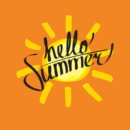 Hello summer lettering composition with hand drawn yellow sun on orange background.のイラスト素材