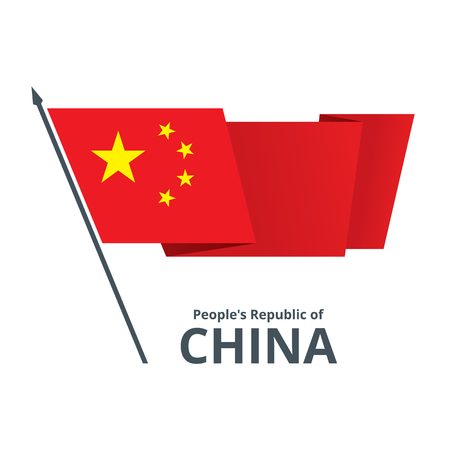 China fluttering waving flag on flagpole. Red banner with five golden stars isolated on white.のイラスト素材