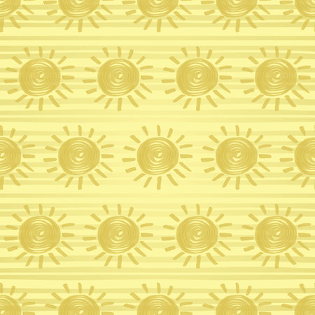 Seamless pattern with gold painted sun hand drawn by marker. Sunshine repeating texture in golden...