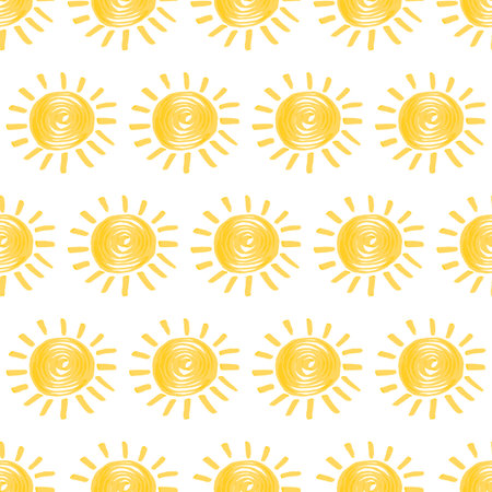 Seamless pattern with sun hand drawn by marker. Sunny repeating texture in yellow colors. Original...