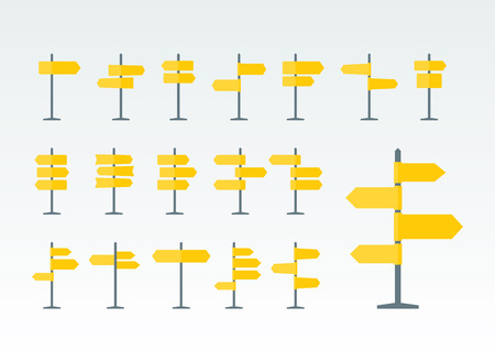 Set of 18 road signs and pointers flat icons. Signpost on pillar in yellow color. Blank template with empty space for navigational or guide text. Clean vector illustration.のイラスト素材