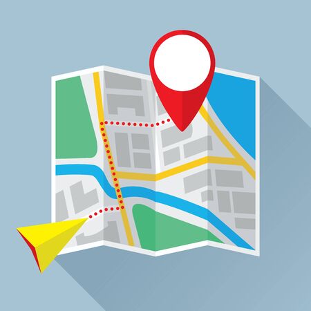 Folding paper city map with location mark, navigation pointer and route. Colored flat icon. Vector eps8 illustration.のイラスト素材