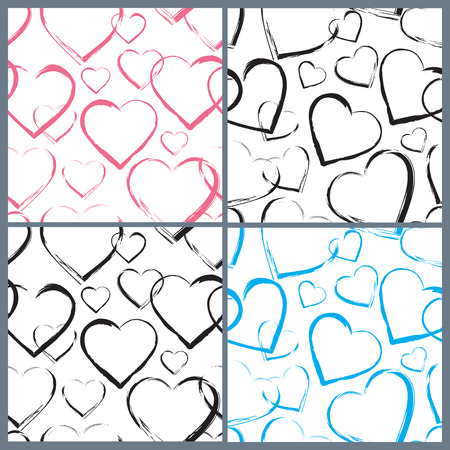 Set of hearts seamless patterns. Pink and black contour hearts randomly placed on the white background. Continuous texture for textile, wrapping, cards, wallpapers etc. Vector eps8 illustration.のイラスト素材