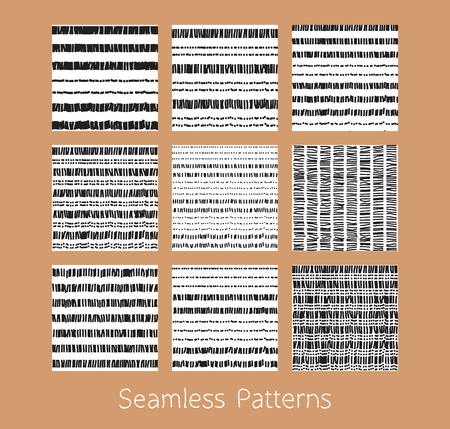 Set of dotted and dashed seamless patterns. Stylized burlap and matting abstract repeating textures in black and white colors. Vector eps8 illustration.のイラスト素材