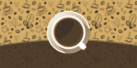 Coffee cup on a saucer top view background. White mug full of coffee on sketchy hand drawn backdrop. Vector eps10 illustration.のイラスト素材