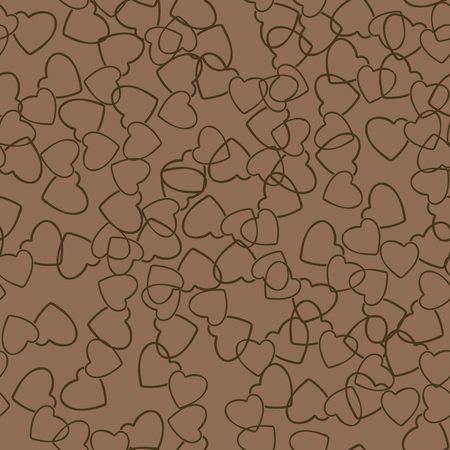 Two hearts seamless pattern. Chocolate color pairs of heart symbols randomly placed on brown background. Stylized texture for Valentine day gift or greeting card design. Vector eps8 illustration.のイラスト素材