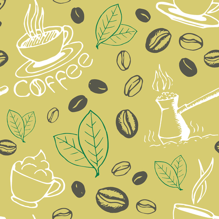 Coffee seamless pattern. Hand drawn repeating background with cups, cezve, beans and leaves. Sketchy wrapping texture.のイラスト素材
