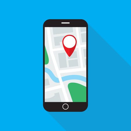 Navigation application on smartphone screen. Map with GPS location mark displayed on cellular phone monitor. Flat style icon. Vector eps8 illustration.のイラスト素材