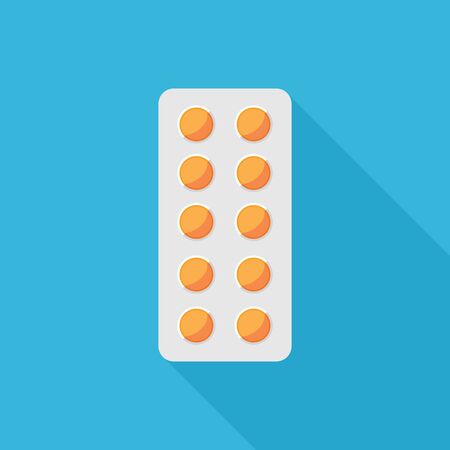 Pills in blister flat icon. Pack with medical drugs. Stylized medication symbol. Health care vector illustration.のイラスト素材