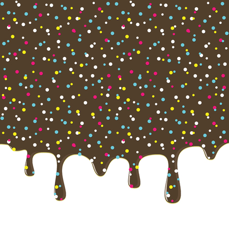 Dripping donut glaze background. Chocolate liquid sweet flow, tasty dessert topping with colorful sprinkles. Doughnut or ice cream drips. Vector eps8 illustration with blank white space.のイラスト素材
