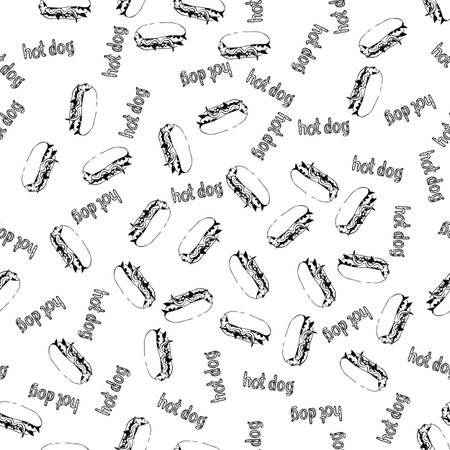 Hand drawn hot dog seamless pattern. Fast food continuous pattern from sketchy hotdogs, plastic bottles and text labels randomly placed on white. Easy editable eps8 vector illustration.のイラスト素材