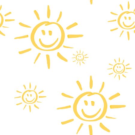 Seamless pattern with smiling sun hand drawn by marker. Sunny repeating texture in yellow colors. Child cartoon background for prints, textile, wallpapers and wrapping.のイラスト素材