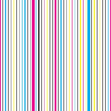 Colorful vertical striped seamless pattern. Repeating texture with cyan, magenta, yellow and black parallel lines on white background. Multicolor lined vector illustration.のイラスト素材