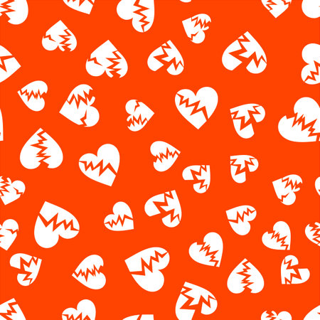 Cracked hearts seamless pattern in red and white colors. Unhappy love concept. Wrapping texture for Valentine day greeting card design. Randomly placed wrecked heart shapes. Vector EPS8 illustration.のイラスト素材