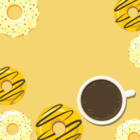 Donuts and cup of coffee or hot chocolate. Background for poster or menu design. Sweet sugar icing doughnuts in the glaze with colorful sprinkle topping. Flat style graphics. Vector eps10 illustrationのイラスト素材