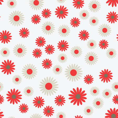 Simple flat flowers seamless pattern. Colorful blossom randomly placed on white background. Abstract stylized florets wrapping floral texture. Vector eps8 illustration.のイラスト素材