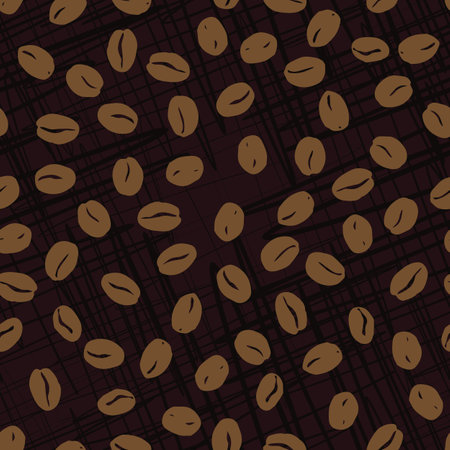 Coffee beans seamless pattern. Seeds of coffee randomly placed on brown scratched background. Wrapping repeating texture. Hand drawn vector eps8 illustration.のイラスト素材