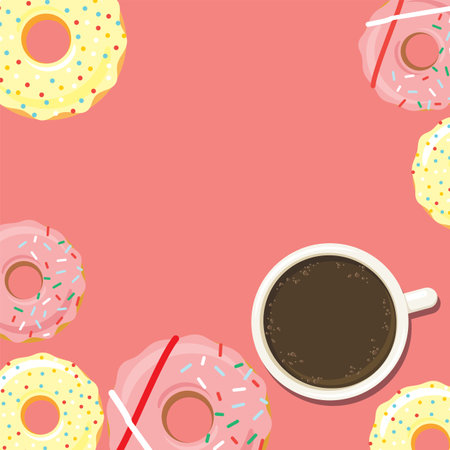 Donuts and cup of coffee or hot chocolate. Background for poster or menu design. Sweet sugar icing doughnuts in the glaze with colorful sprinkle topping. Flat style graphics. Vector eps10 illustrationのイラスト素材