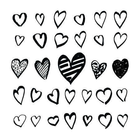 Heart icons hand drawn set in doodle style. Sketchy design elements for Valentines day or wedding. Black love symbols isolated on white. Vector eps8 illustration.のイラスト素材