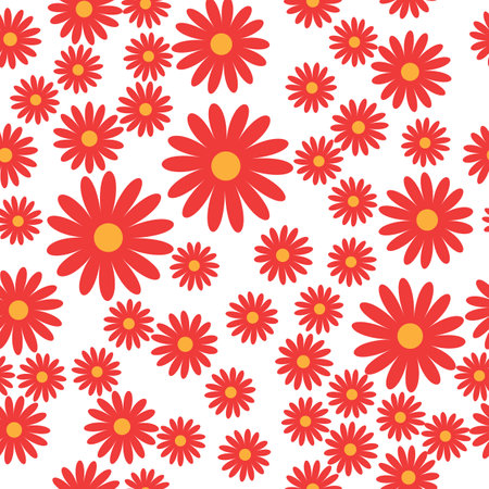 Simple flat flowers seamless pattern. Colorful blossom randomly placed on white background. Abstract stylized florets wrapping floral texture. Vector eps8 illustration.のイラスト素材