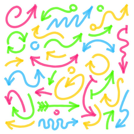 Highlighter arrow pointers design elements. Set of hand drawn marker curved stripes and strokes with arrowhead. Optimized for one click color changes. Transparent colors eps10 vector.のイラスト素材