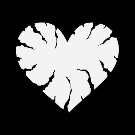 Cracked heart icon on black negative space. Heart shape icon with cracks and ragged edges. Symbol of divorce or mental pain. Unhappy love, emotional experience sign. Vector illustration in EPS8.のイラスト素材