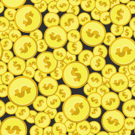 Golden coins with dollar sign seamless pattern. Wrapping background with repeating USA currency symbols in gold colors. Money icons randomly placed on black. Vector eps8 illustration.のイラスト素材