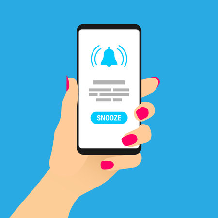 Female hand hold smartphone with alert message on screen. Woman showing cell phone with bell alarm icon on display. Mobile touch screen gadget in womans arm. Flat design vector EPS8 illustration.のイラスト素材