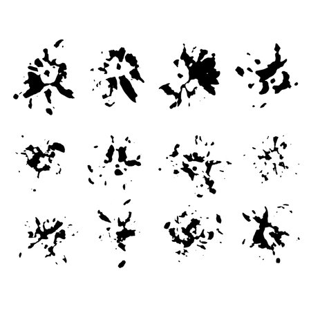 Ink prints of marigold flower petals. Black inky blots collection. Handmade set of formless imprints, stains, splashes and spots. Decorative elements pack for creatives. EPS8 vector illustration.のイラスト素材