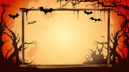 spooky shadows - a halloween empty themed frame and board for text with bats and treesの素材