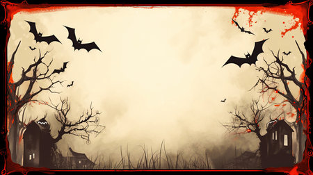 spooky shadows - a halloween empty themed frame and board for text with bats and treesの素材