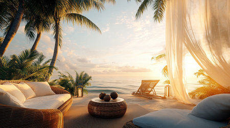 luxurious tropical beach resort lounge at sunset elegant outdoor seating with furnitureの素材