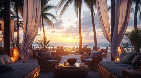 luxurious tropical beach resort lounge at sunset elegant outdoor seating with furnitureの素材
