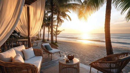 luxurious tropical beach resort lounge at sunset elegant outdoor seating with furnitureの素材