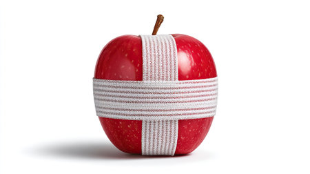 red apple with plaster tape or with bondage on a white backgroundの素材
