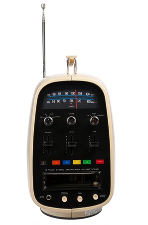 Retro portable eight track tape player   radio isolated on black backgroundの写真素材