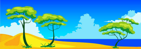 Landscape with sand beach, trees, sun and sea, illustrationのイラスト素材