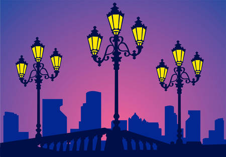 Parkway in beams of a decline, quay with burning lanterns, vectorのイラスト素材