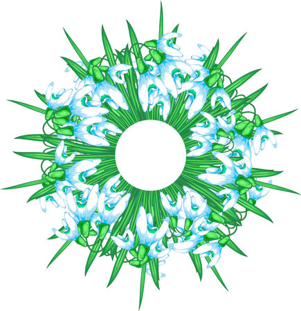 Snowdrops chaplet, first spring flowers in blue and greenのイラスト素材