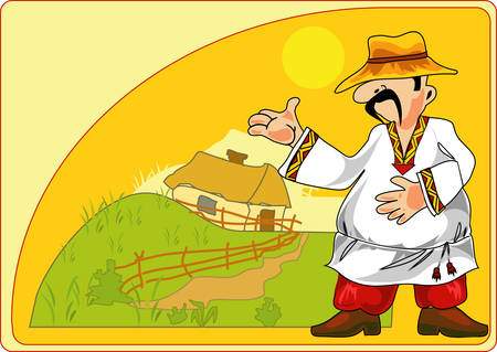 Picturesque peasant in national clothes near house, illustrationのイラスト素材