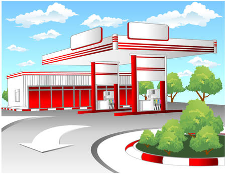 Illustration of red gas refuel station with small shop office のイラスト素材