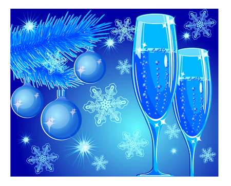Vector New year illustration with champagne glass on blue background, celebration imageのイラスト素材