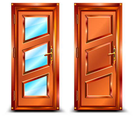 Door closed from wood and glass, classic design with lock, illustrationのイラスト素材