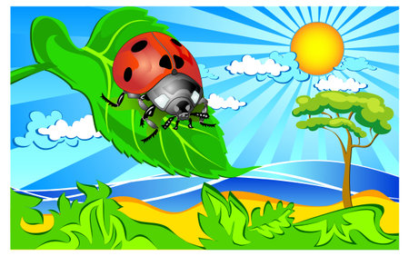 Landscape with ladybug sitting on a green leaf, vector illustrationのイラスト素材