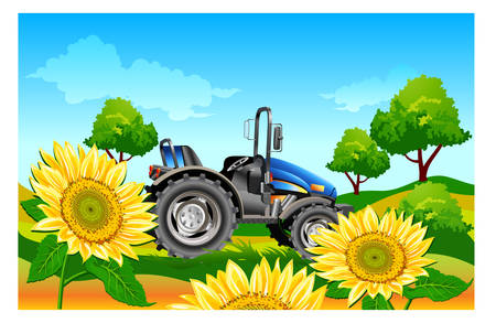 Agricultural machine, tractor in dark blue color, on field, vector an illustrationのイラスト素材