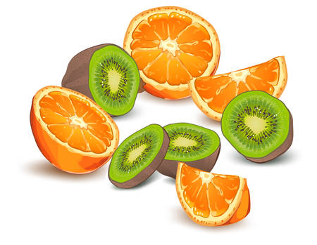 Whole and half orange and kiwi on white background, vector illustrationのイラスト素材