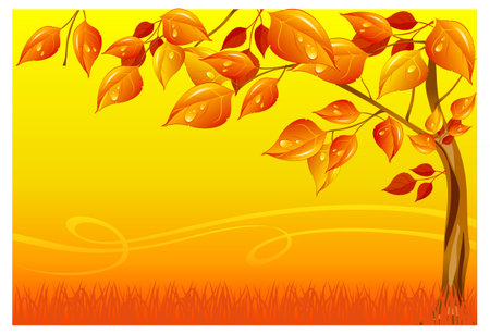 Autumn landscape with tree and grass in yellow colours, vector illustrationのイラスト素材
