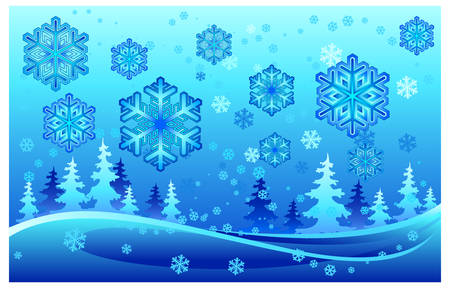 Beautiful winter forest landscape with snowflakes, background in blue,illustrationのイラスト素材