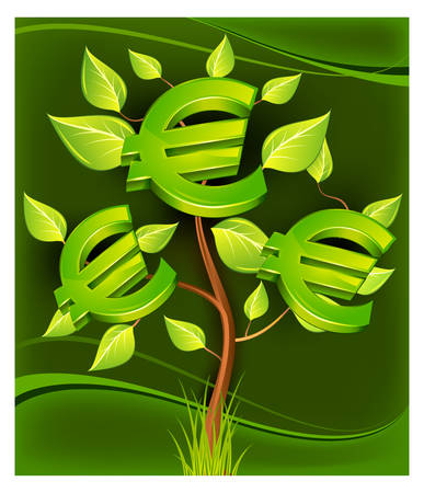 Tree growing currency with dollar euro on green backgroundのイラスト素材